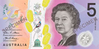 Recto du nouveau billet de 5 Dollar Australien