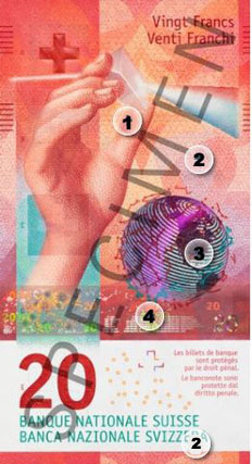 Recto du billet de 20 nouveaux Francs Suisses