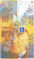 10 Swiss franc note specimen obverse