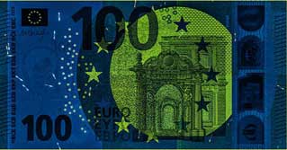 new 100 Euro note Standard UV light obverse