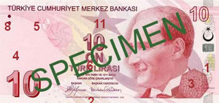 10 turkish lira note specimen front