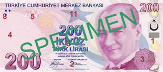 200 turkish lira note specimen front