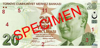 20 turkish lira note specimen front