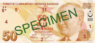 50 turkish lira note specimen front
